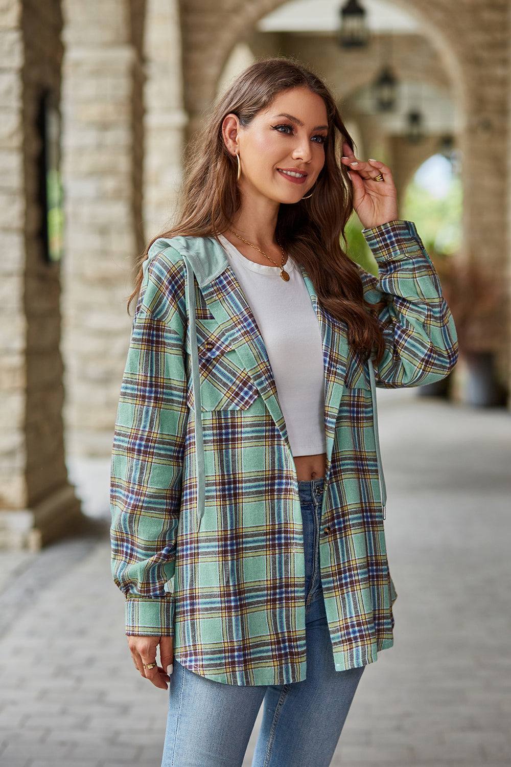 Plaid Long Sleeve Hooded Jacket BLUE ZONE PLANET