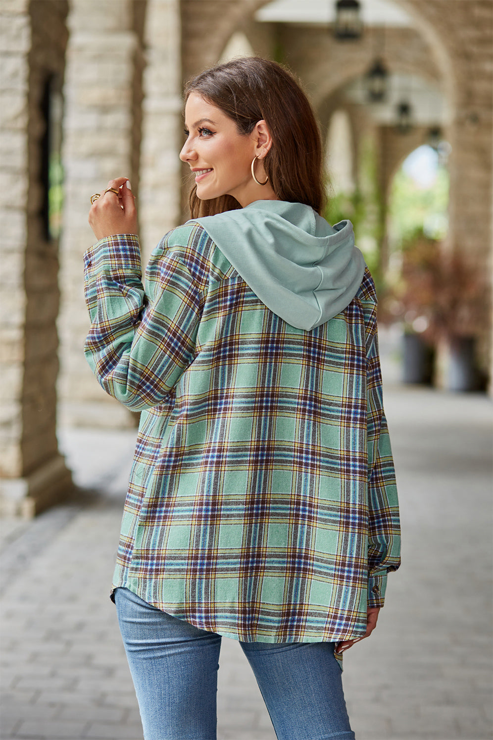 Plaid Long Sleeve Hooded Jacket BLUE ZONE PLANET