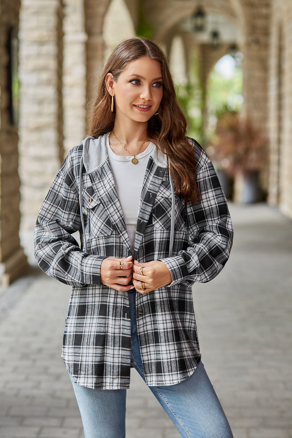 Plaid Long Sleeve Hooded Jacket BLUE ZONE PLANET