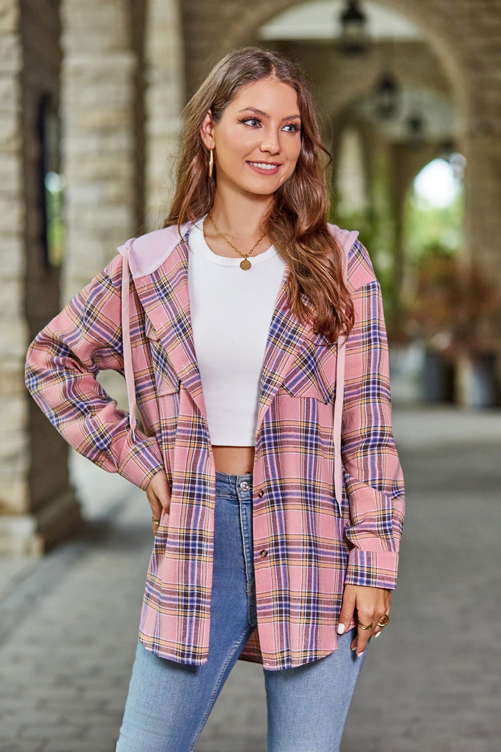 Plaid Long Sleeve Hooded Jacket BLUE ZONE PLANET