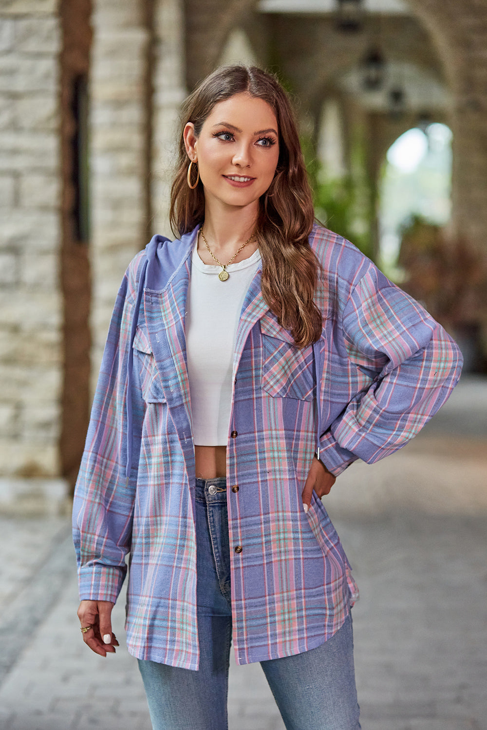 Plaid Long Sleeve Hooded Jacket BLUE ZONE PLANET