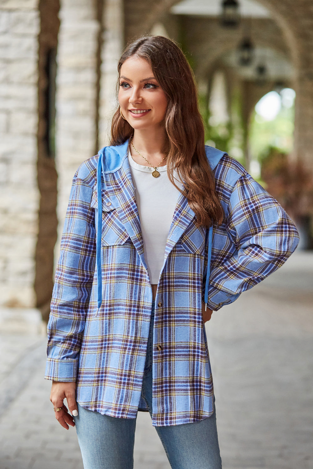 Plaid Long Sleeve Hooded Jacket BLUE ZONE PLANET