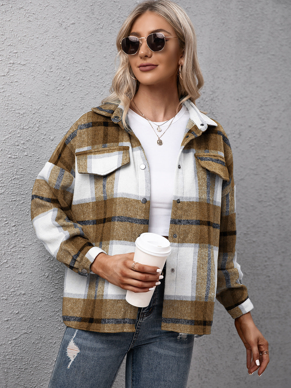 Plaid Long Sleeve Shirt Jacket BLUE ZONE PLANET