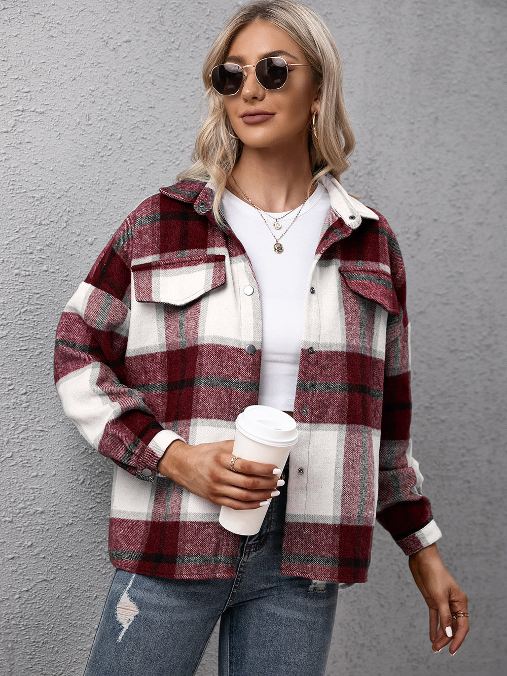 Plaid Long Sleeve Shirt Jacket BLUE ZONE PLANET