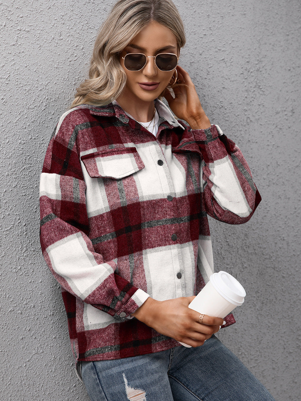 Plaid Long Sleeve Shirt Jacket BLUE ZONE PLANET