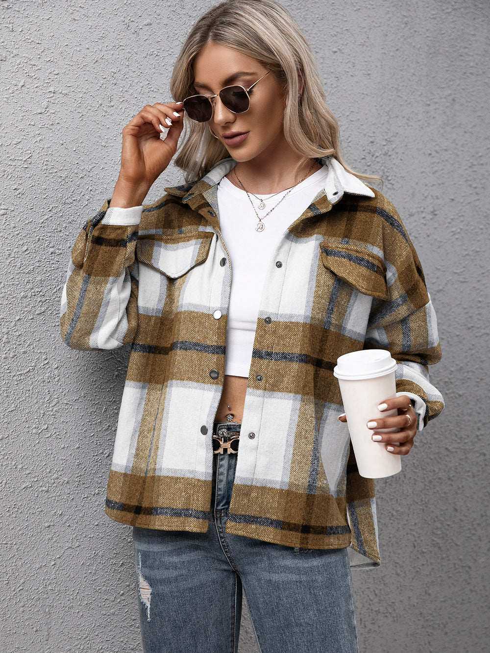 Plaid Long Sleeve Shirt Jacket BLUE ZONE PLANET