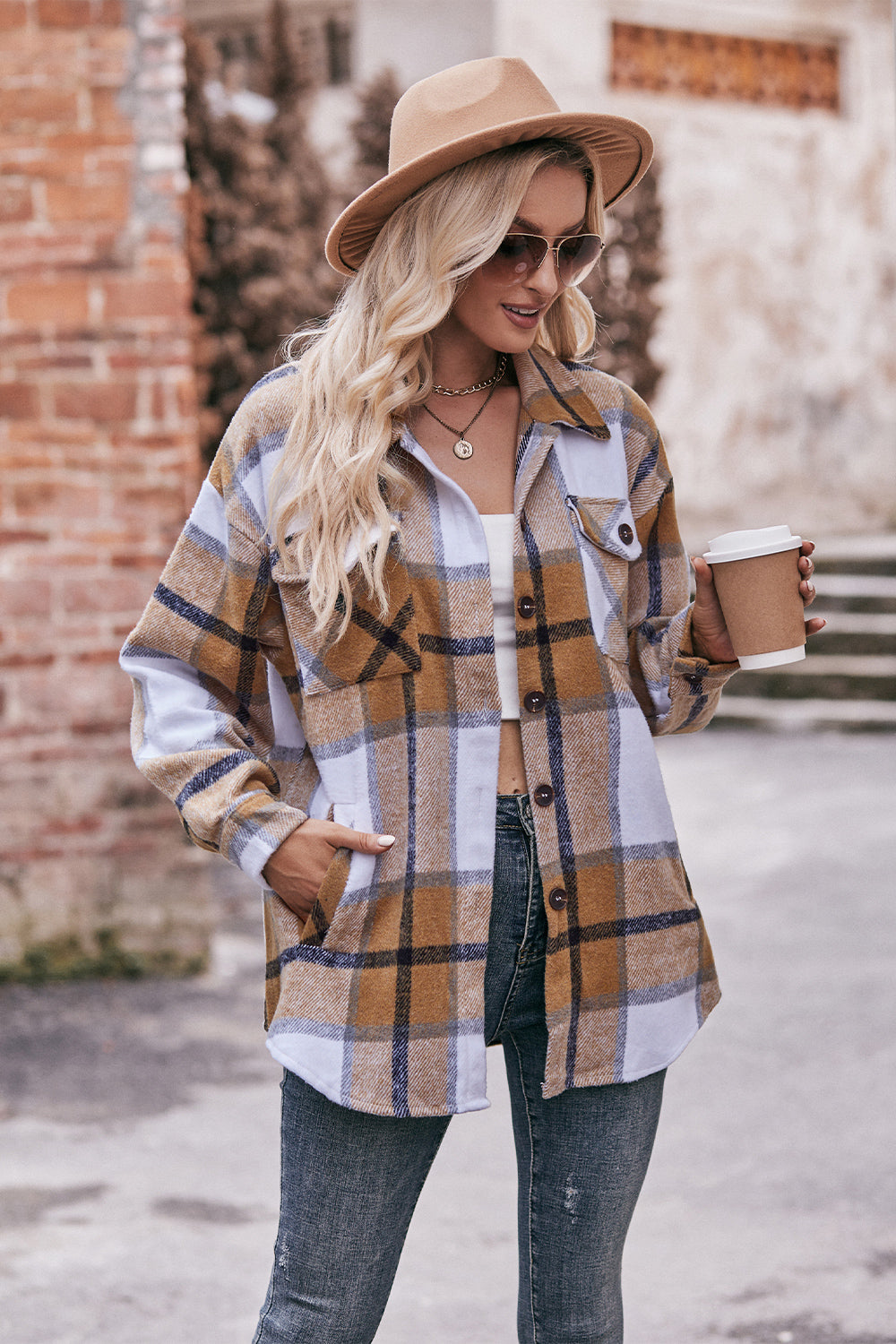 Plaid Long Sleeve Shirt Jacket with Pockets BLUE ZONE PLANET