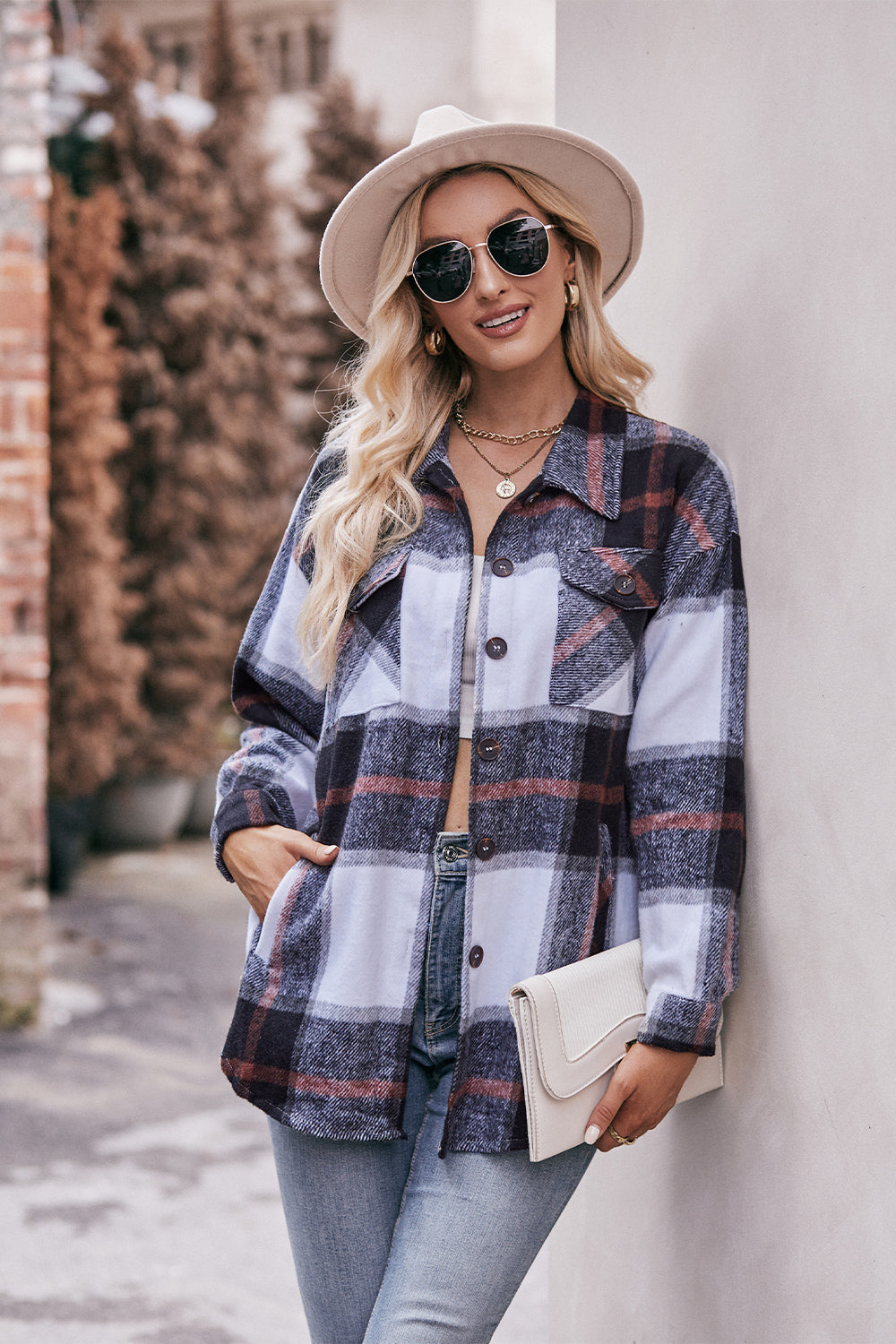 Plaid Long Sleeve Shirt Jacket with Pockets BLUE ZONE PLANET