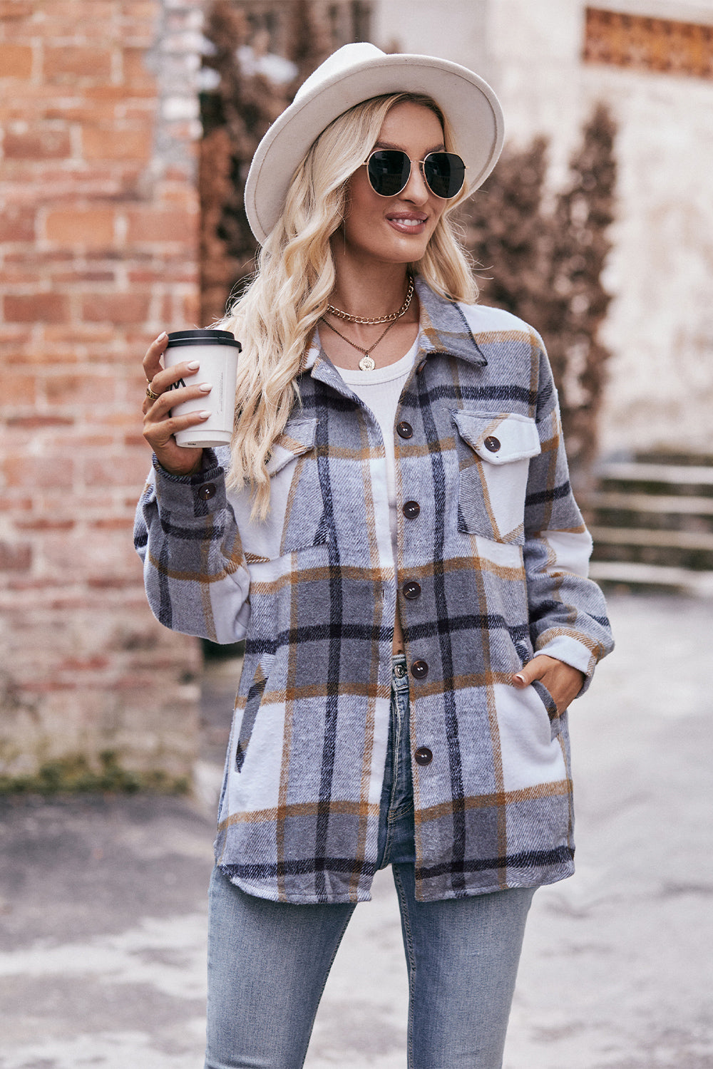 Plaid Long Sleeve Shirt Jacket with Pockets BLUE ZONE PLANET