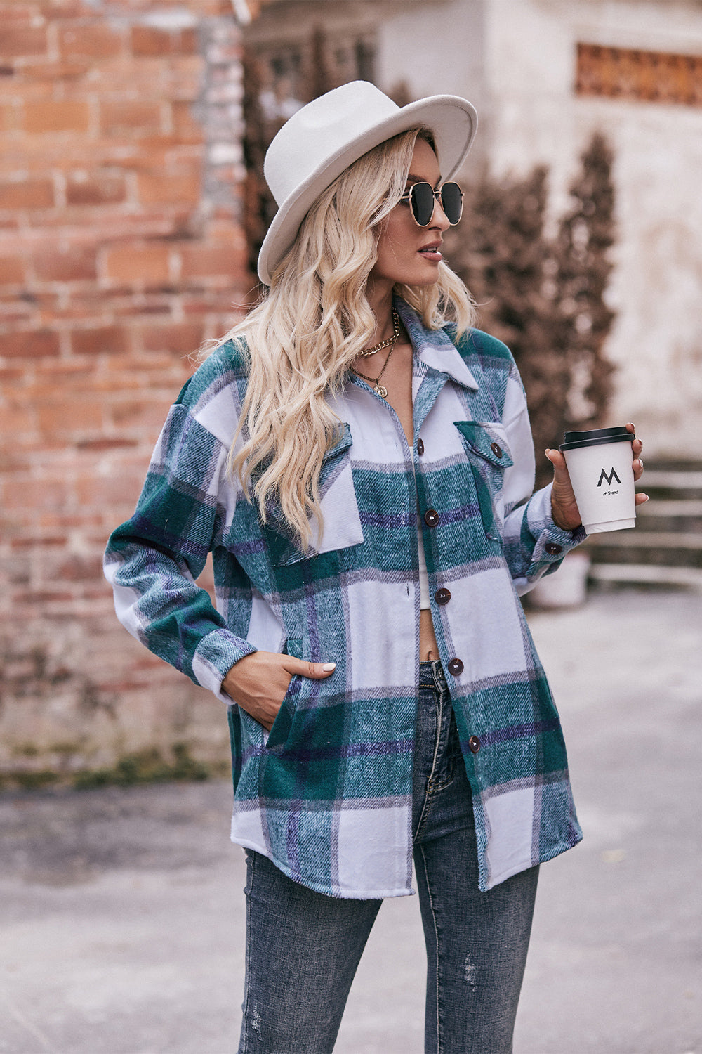 Plaid Long Sleeve Shirt Jacket with Pockets BLUE ZONE PLANET