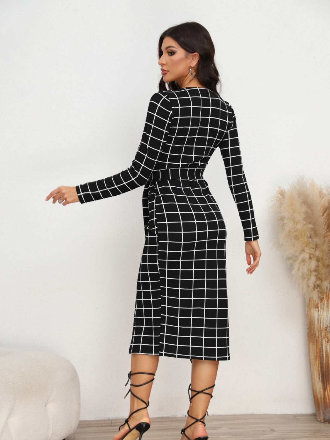 Plaid Long Sleeve Slit Dress BLUE ZONE PLANET