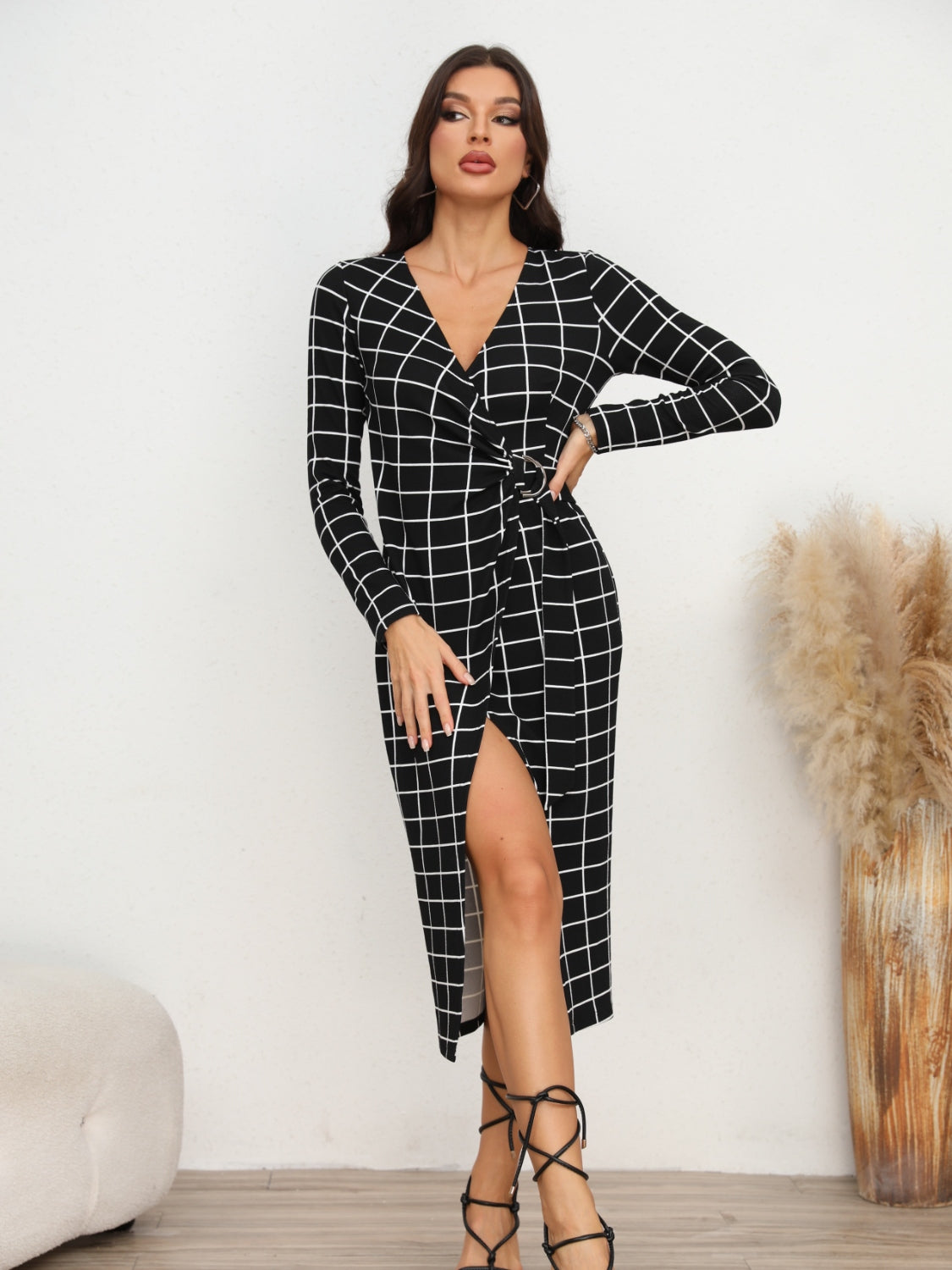 Plaid Long Sleeve Slit Dress BLUE ZONE PLANET