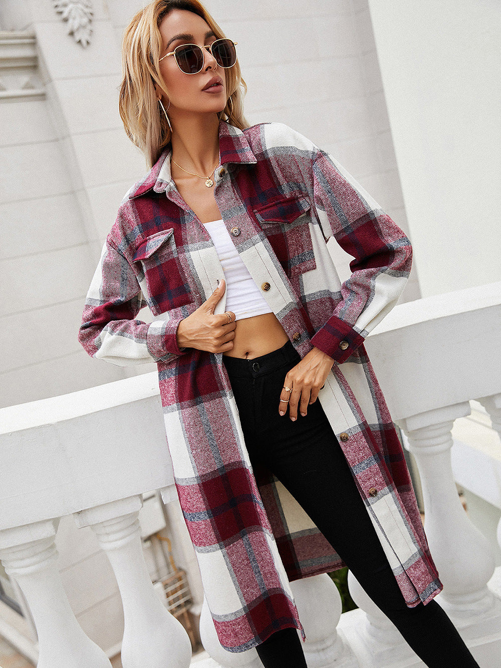 Plaid Longline Shirt Jacket BLUE ZONE PLANET