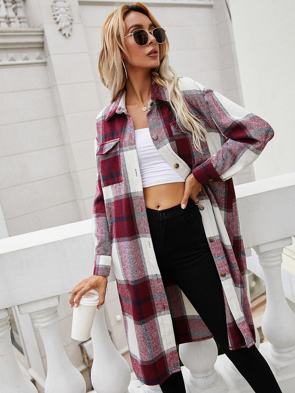 Plaid Longline Shirt Jacket BLUE ZONE PLANET