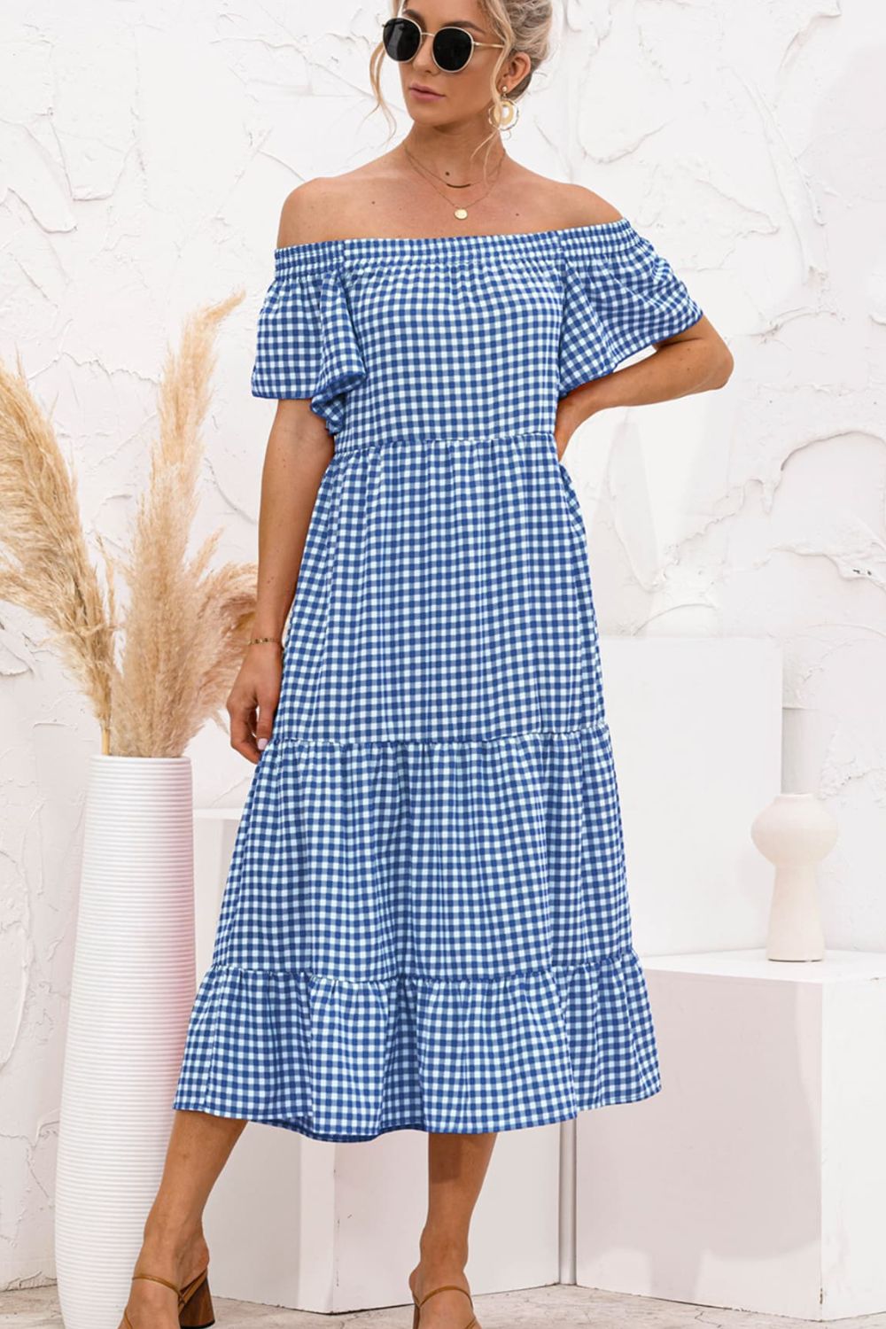 Plaid Off-Shoulder Tiered Midi Dress BLUE ZONE PLANET