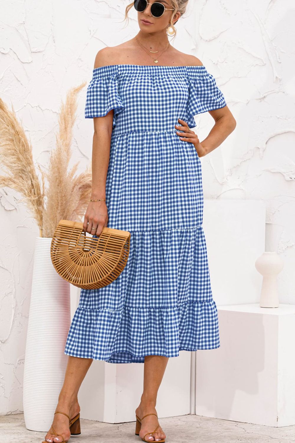 Plaid Off-Shoulder Tiered Midi Dress BLUE ZONE PLANET