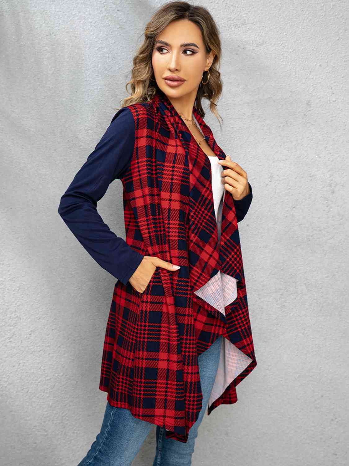 Plaid Open Front Cardigan BLUE ZONE PLANET