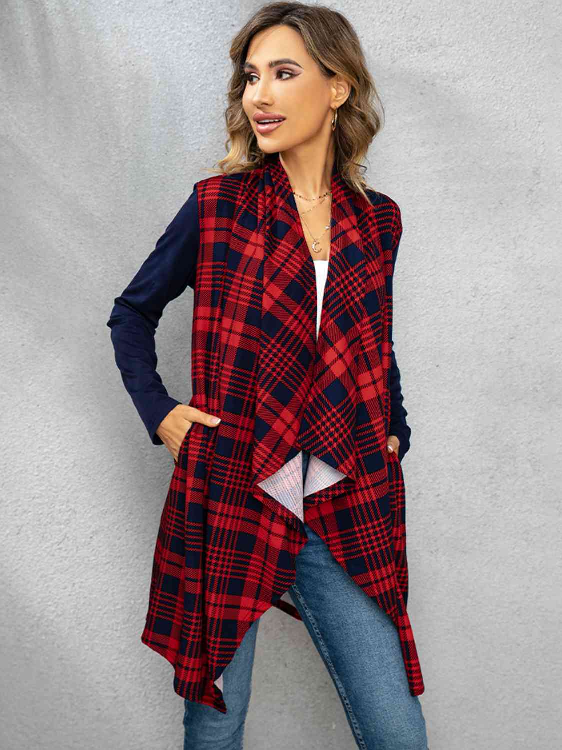 Plaid Open Front Cardigan BLUE ZONE PLANET