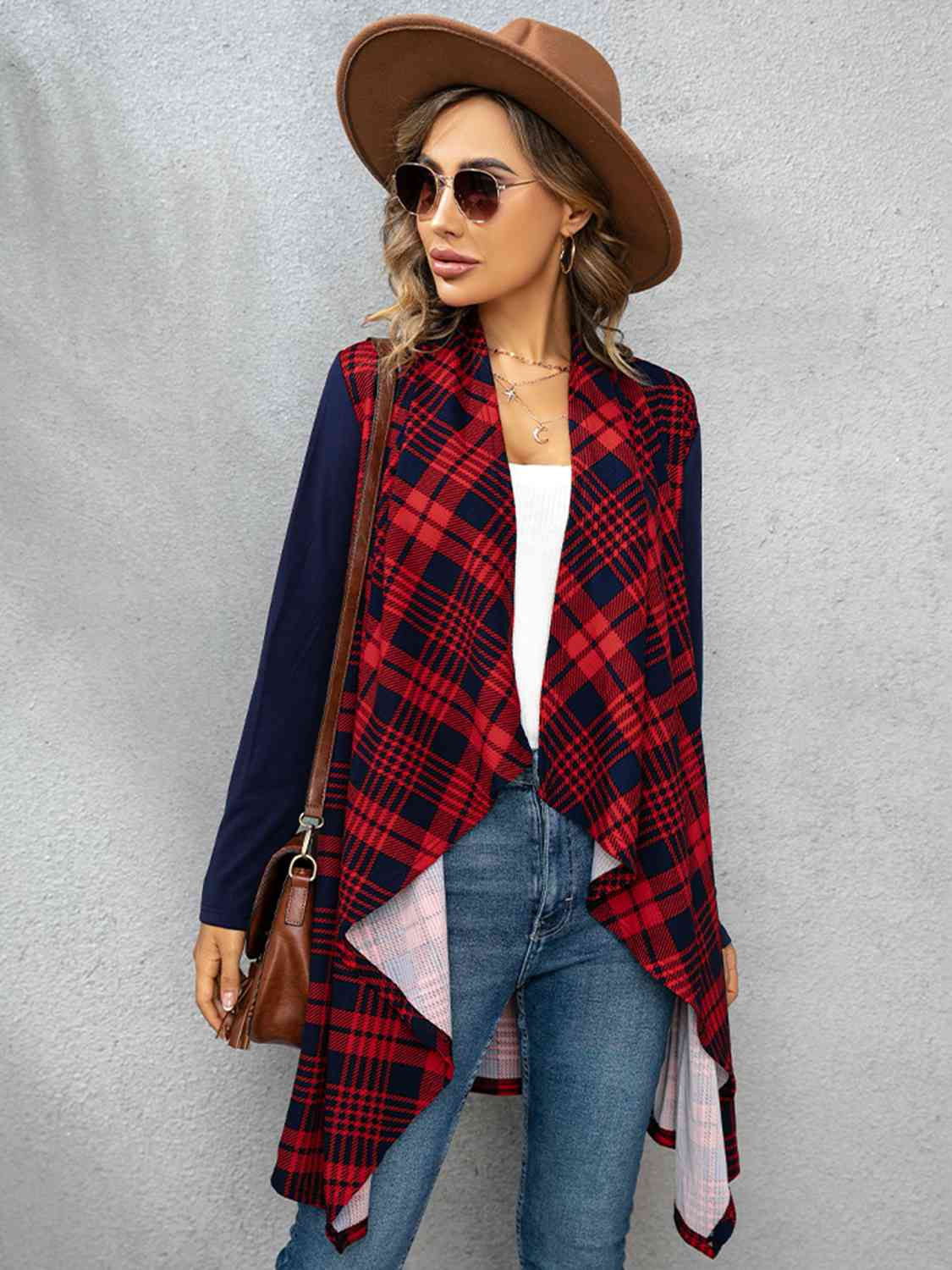 Plaid Open Front Cardigan BLUE ZONE PLANET