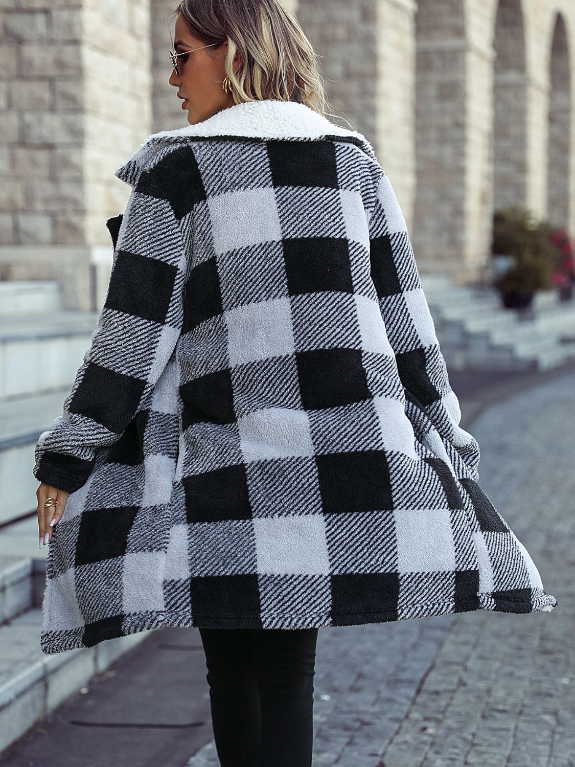 Plaid Open Front Coat with Pockets BLUE ZONE PLANET