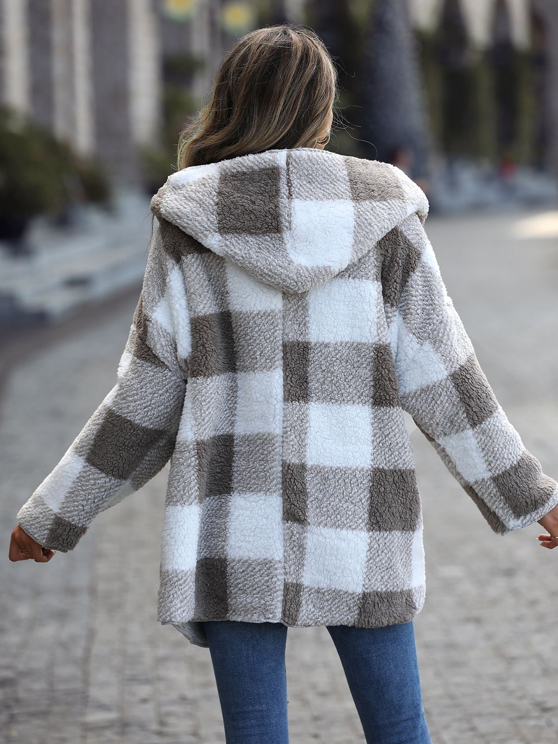 Plaid Open Front Hooded Coat BLUE ZONE PLANET