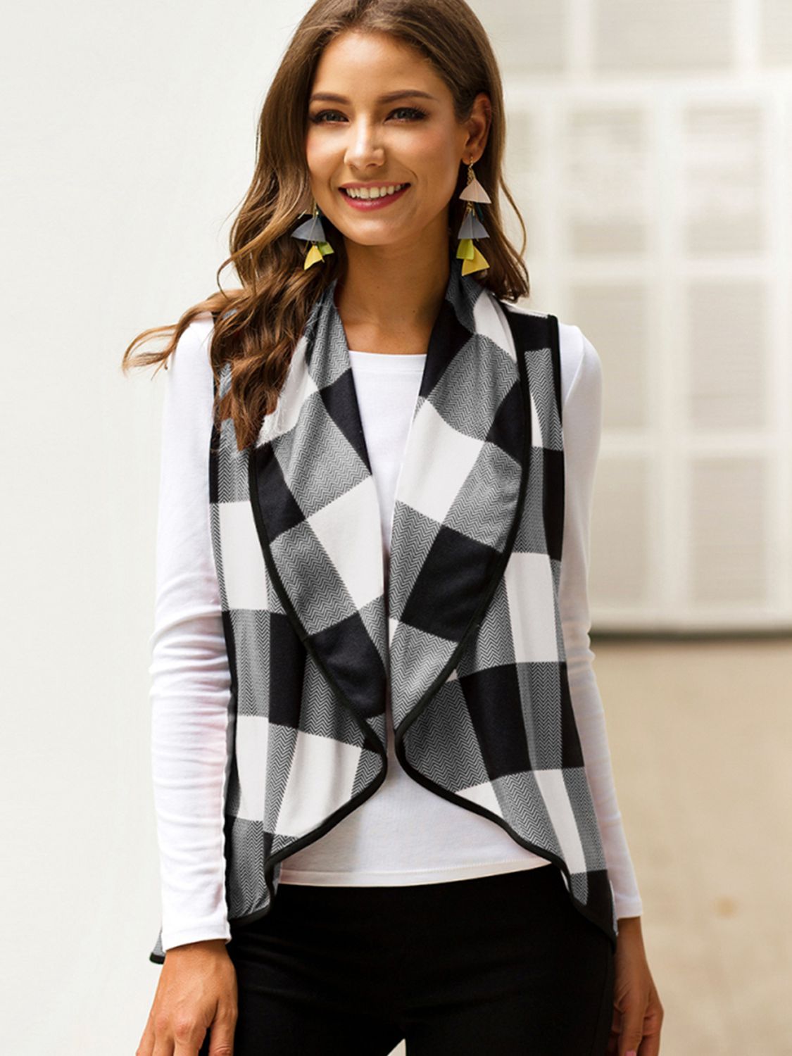Plaid Open Front Sleeveless Cardigan BLUE ZONE PLANET