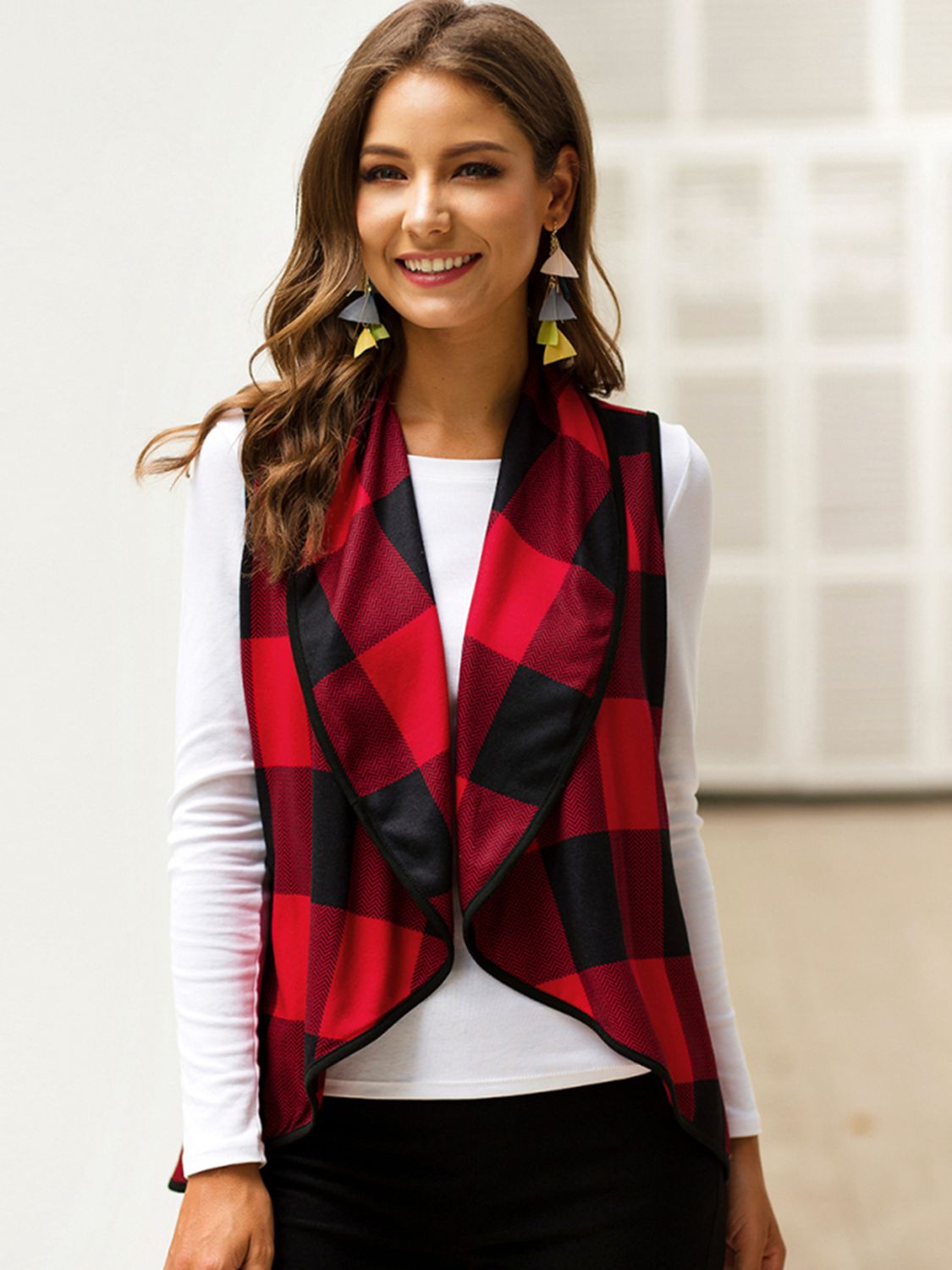 Plaid Open Front Sleeveless Cardigan BLUE ZONE PLANET