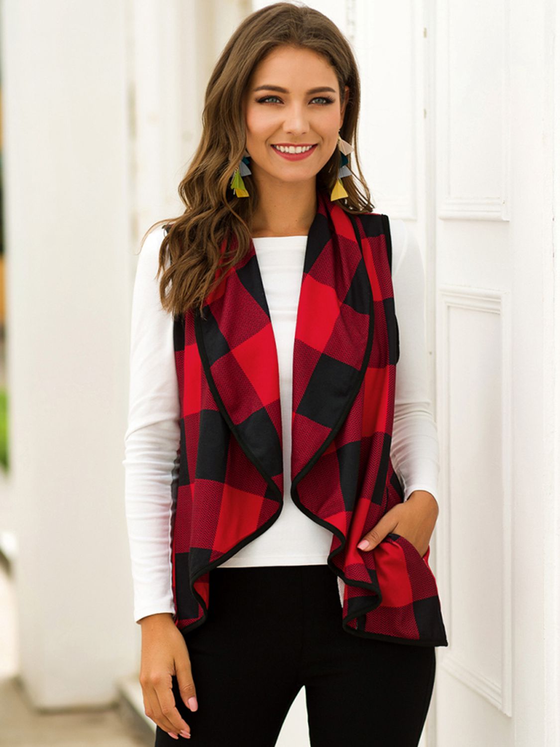 Plaid Open Front Sleeveless Cardigan BLUE ZONE PLANET