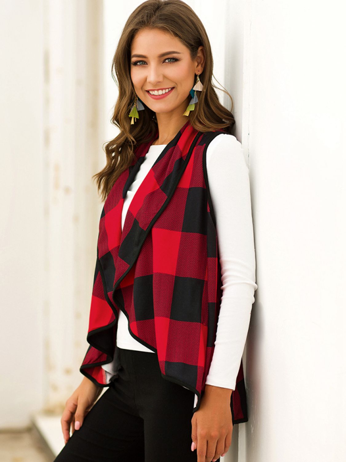 Plaid Open Front Sleeveless Cardigan BLUE ZONE PLANET