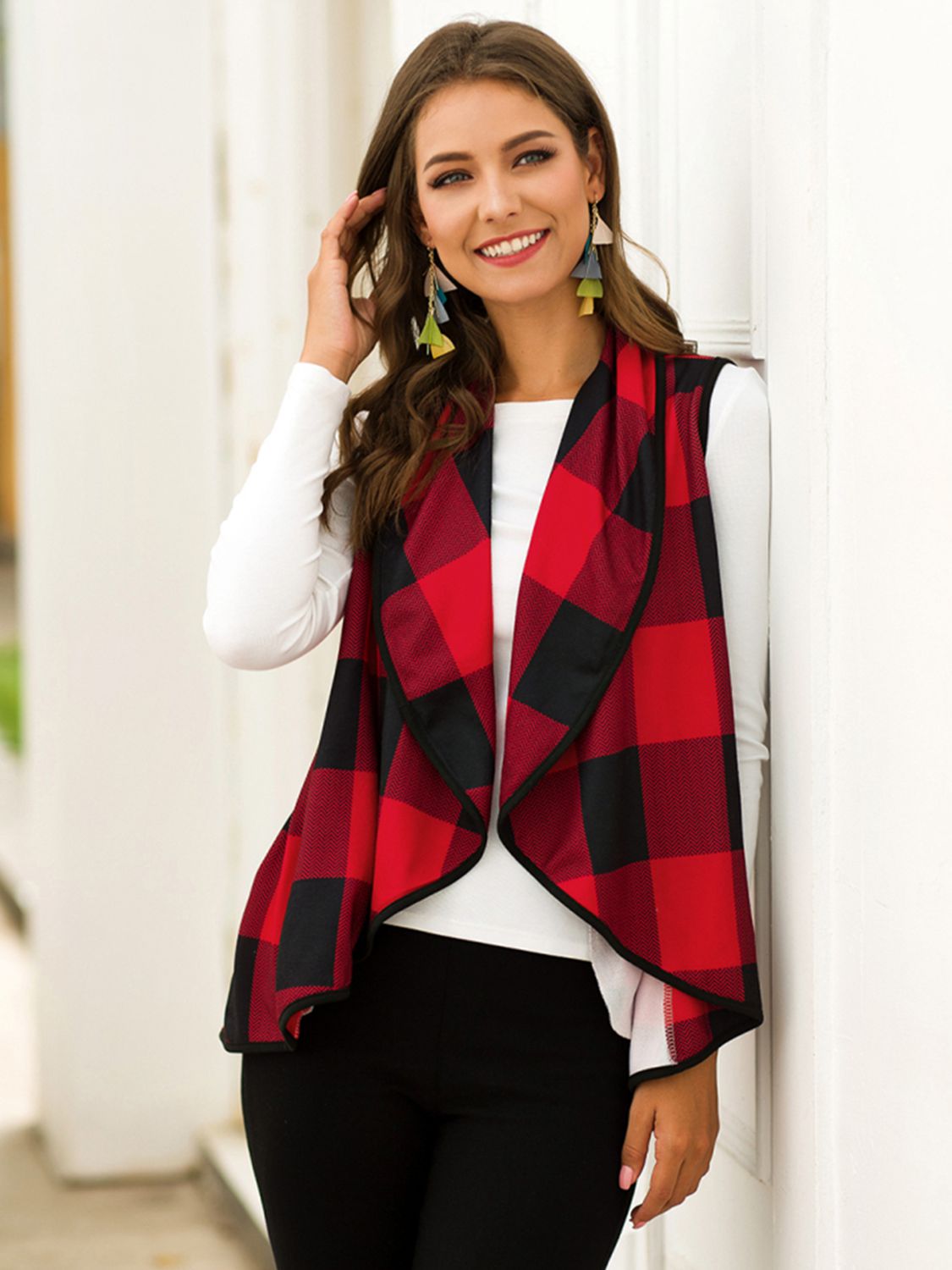 Plaid Open Front Sleeveless Cardigan BLUE ZONE PLANET