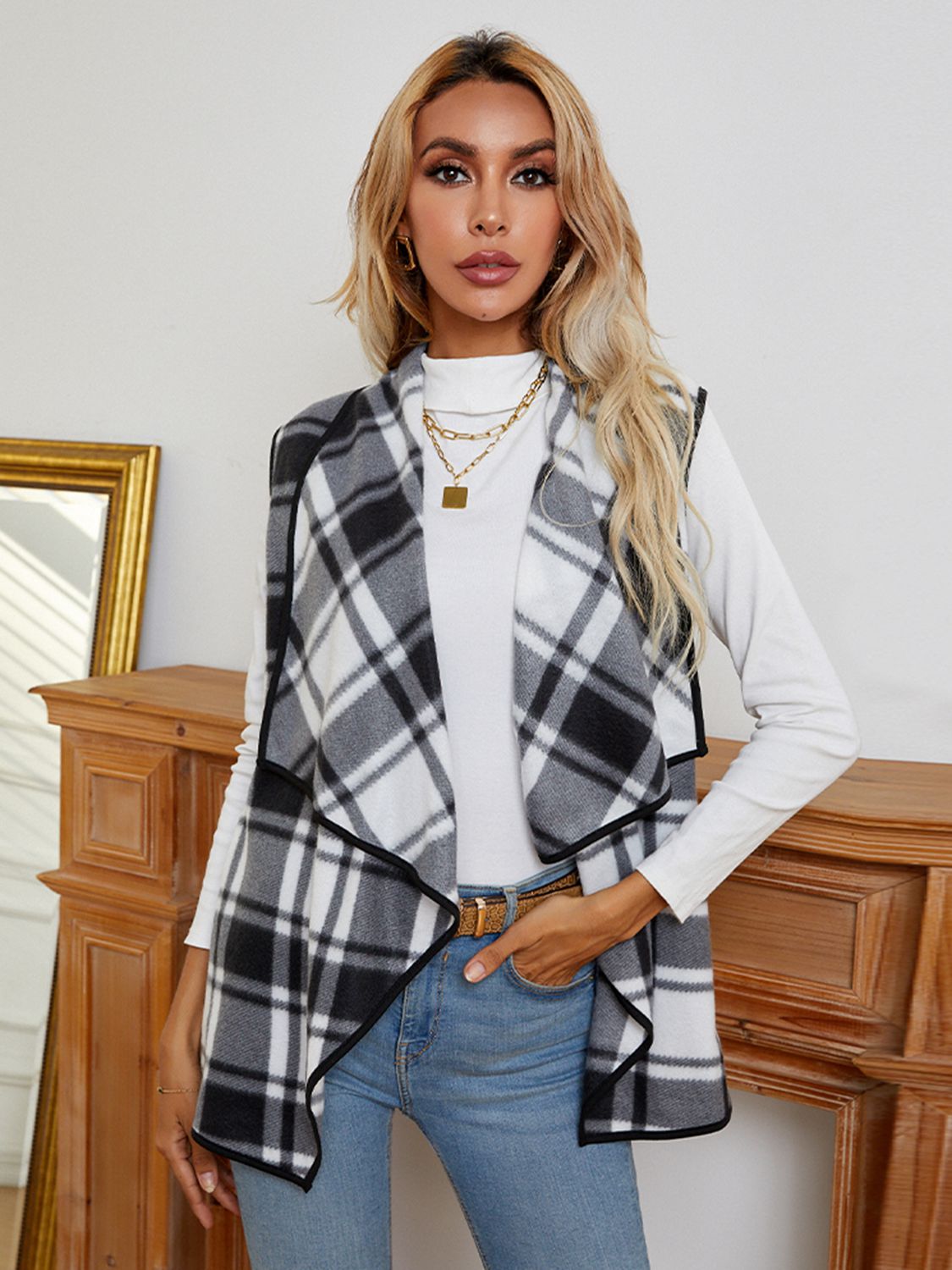 Plaid Open Front Vest BLUE ZONE PLANET