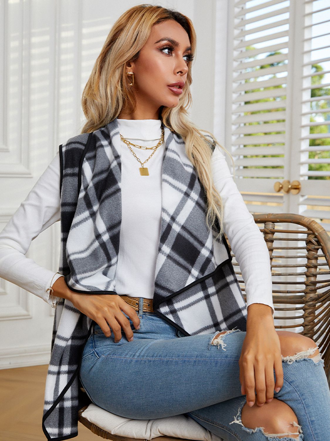 Plaid Open Front Vest BLUE ZONE PLANET