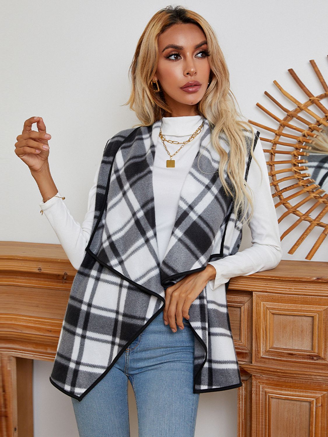 Plaid Open Front Vest BLUE ZONE PLANET