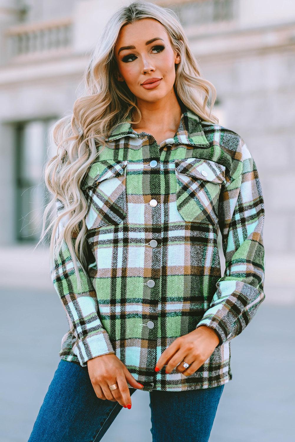 Plaid Pocketed Button Down Shacket BLUE ZONE PLANET