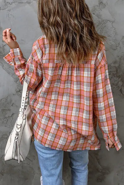 Plaid Pocketed Dropped Shoulder Shirt BLUE ZONE PLANET