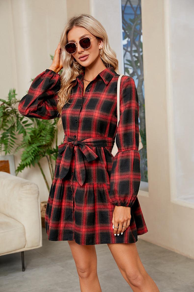 Plaid Print Tie Waist Collared Neck Shirt Dress BLUE ZONE PLANET