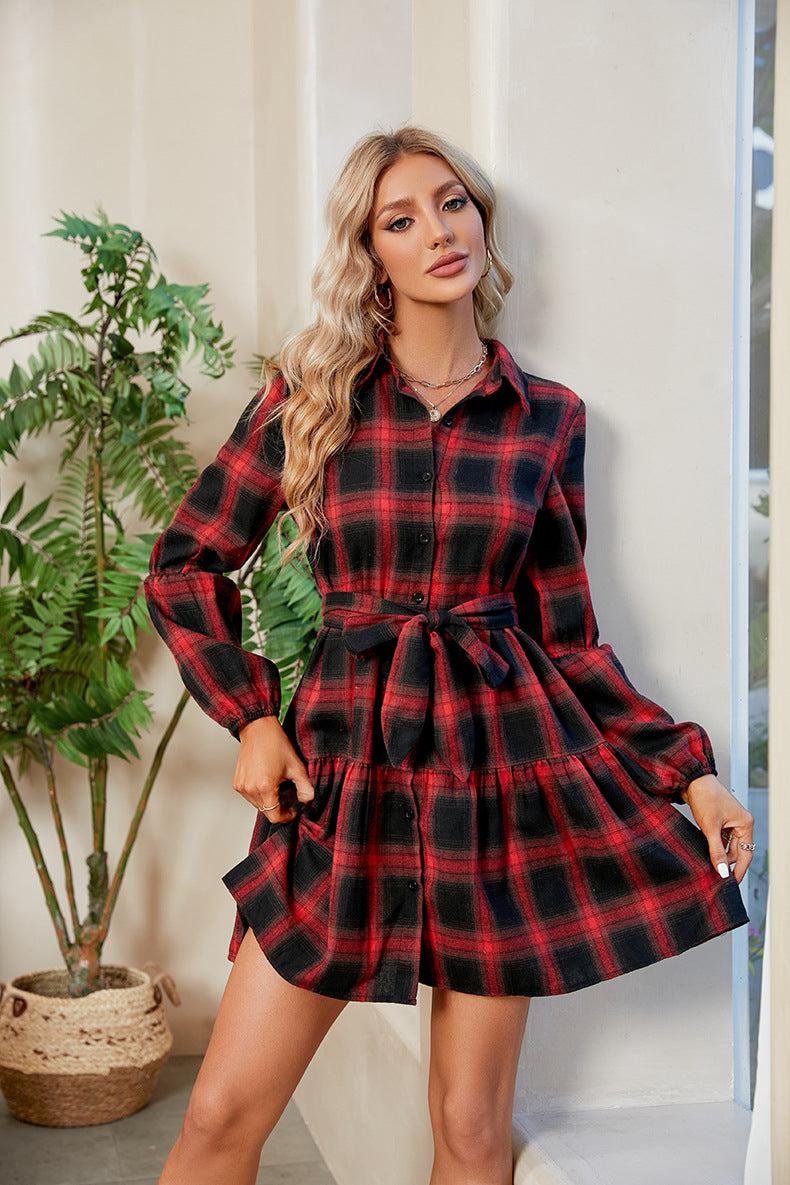 Plaid Print Tie Waist Collared Neck Shirt Dress BLUE ZONE PLANET