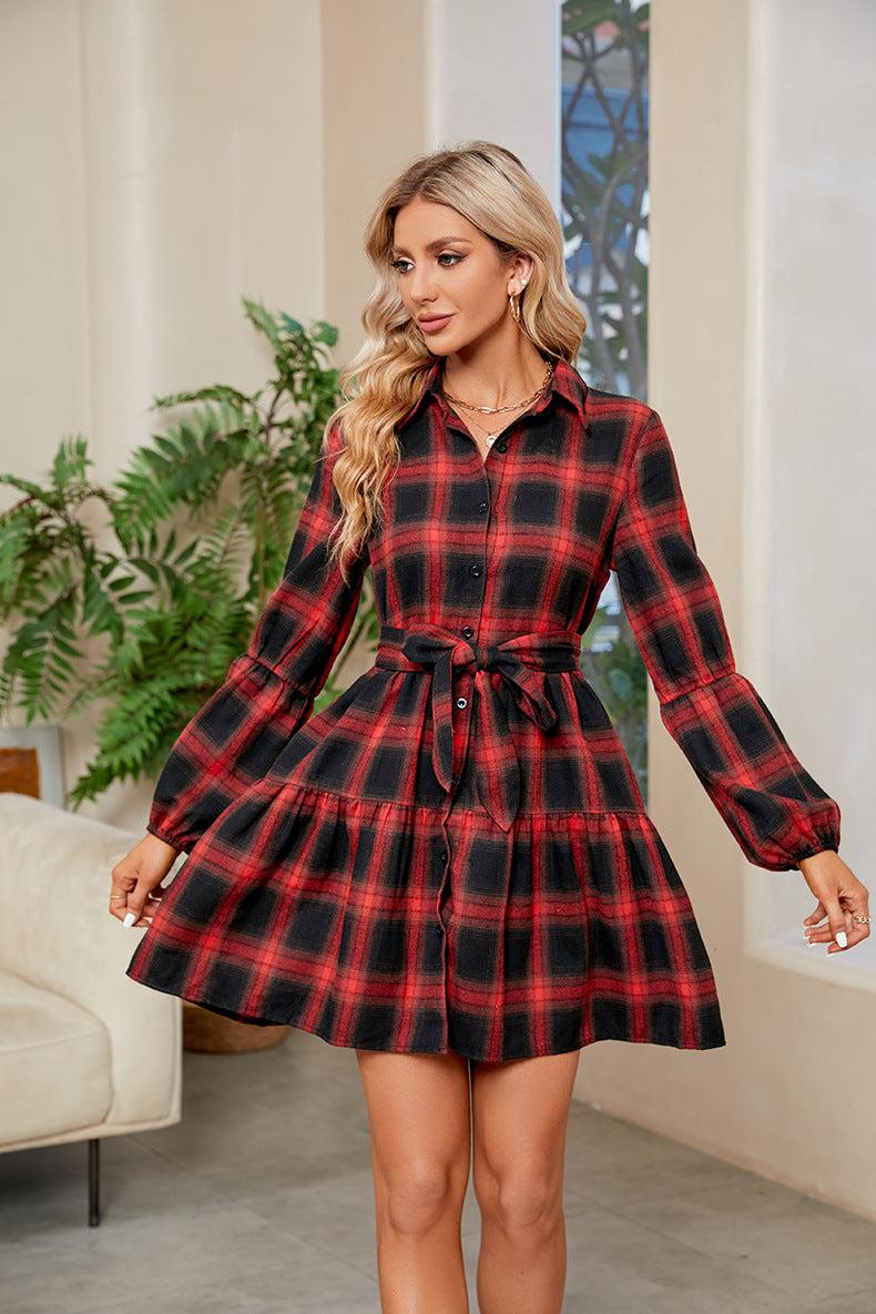 Plaid Print Tie Waist Collared Neck Shirt Dress BLUE ZONE PLANET