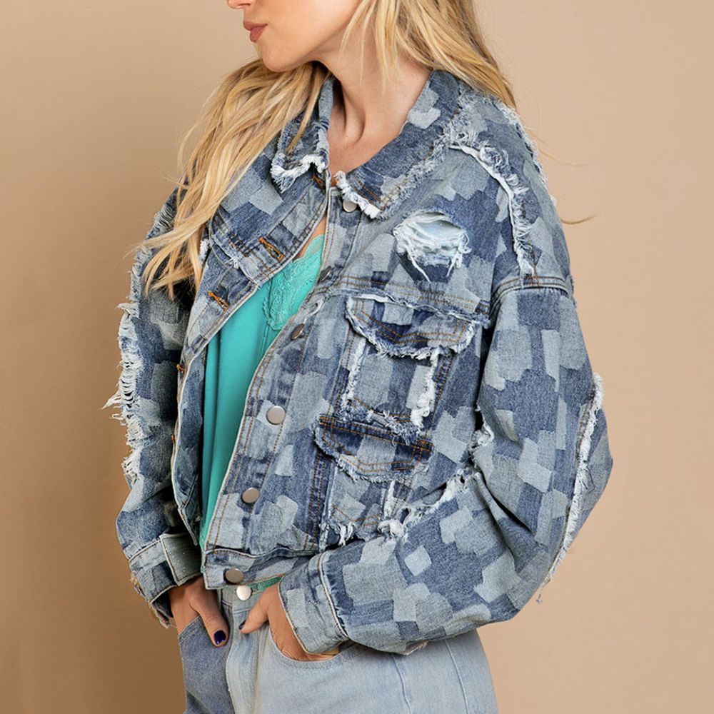 Plaid Raw Hem Dropped Shoulder Denim Jacket BLUE ZONE PLANET