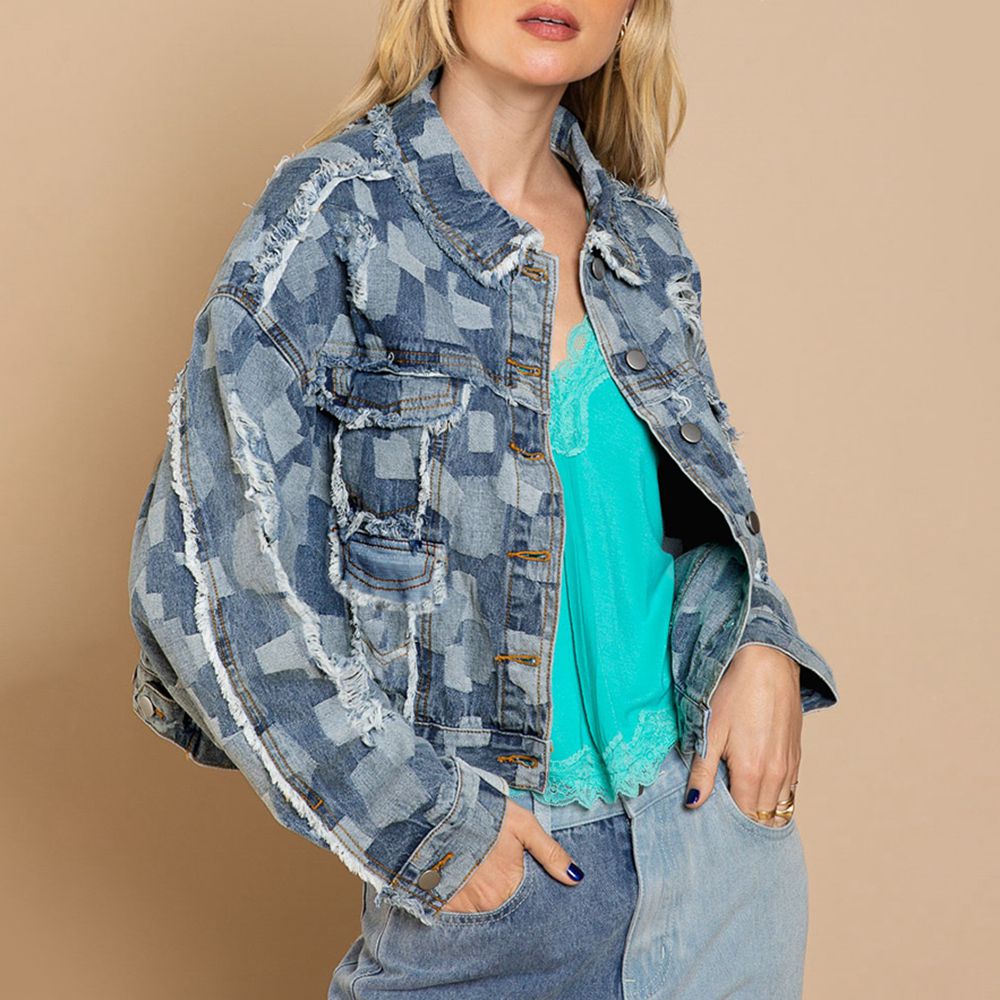 Plaid Raw Hem Dropped Shoulder Denim Jacket BLUE ZONE PLANET