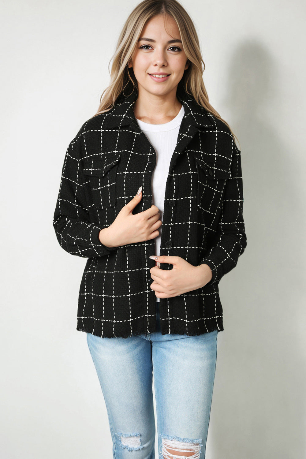 Plaid Raw Hem Jacket with Pockets BLUE ZONE PLANET