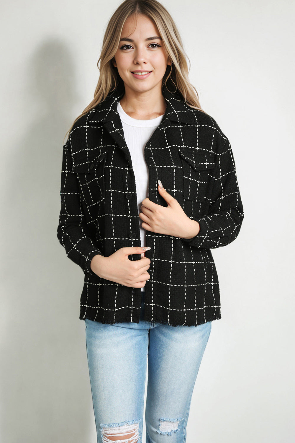 Plaid Raw Hem Jacket with Pockets BLUE ZONE PLANET