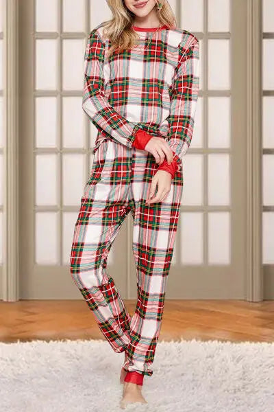 Plaid Round Neck Top and Pants Set BLUE ZONE PLANET