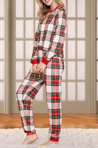 Plaid Round Neck Top and Pants Set BLUE ZONE PLANET