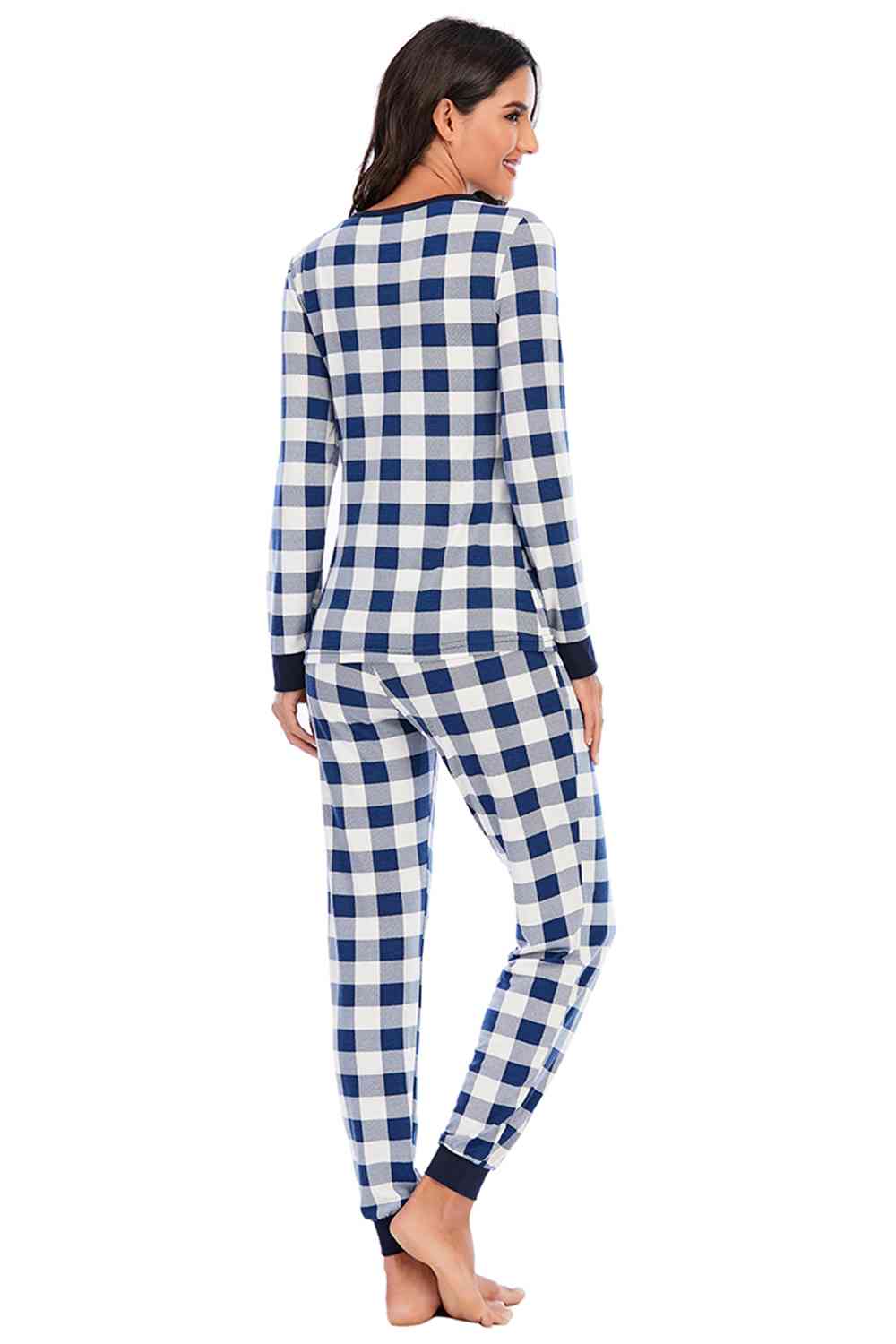 Plaid Round Neck Top and Pants Set BLUE ZONE PLANET