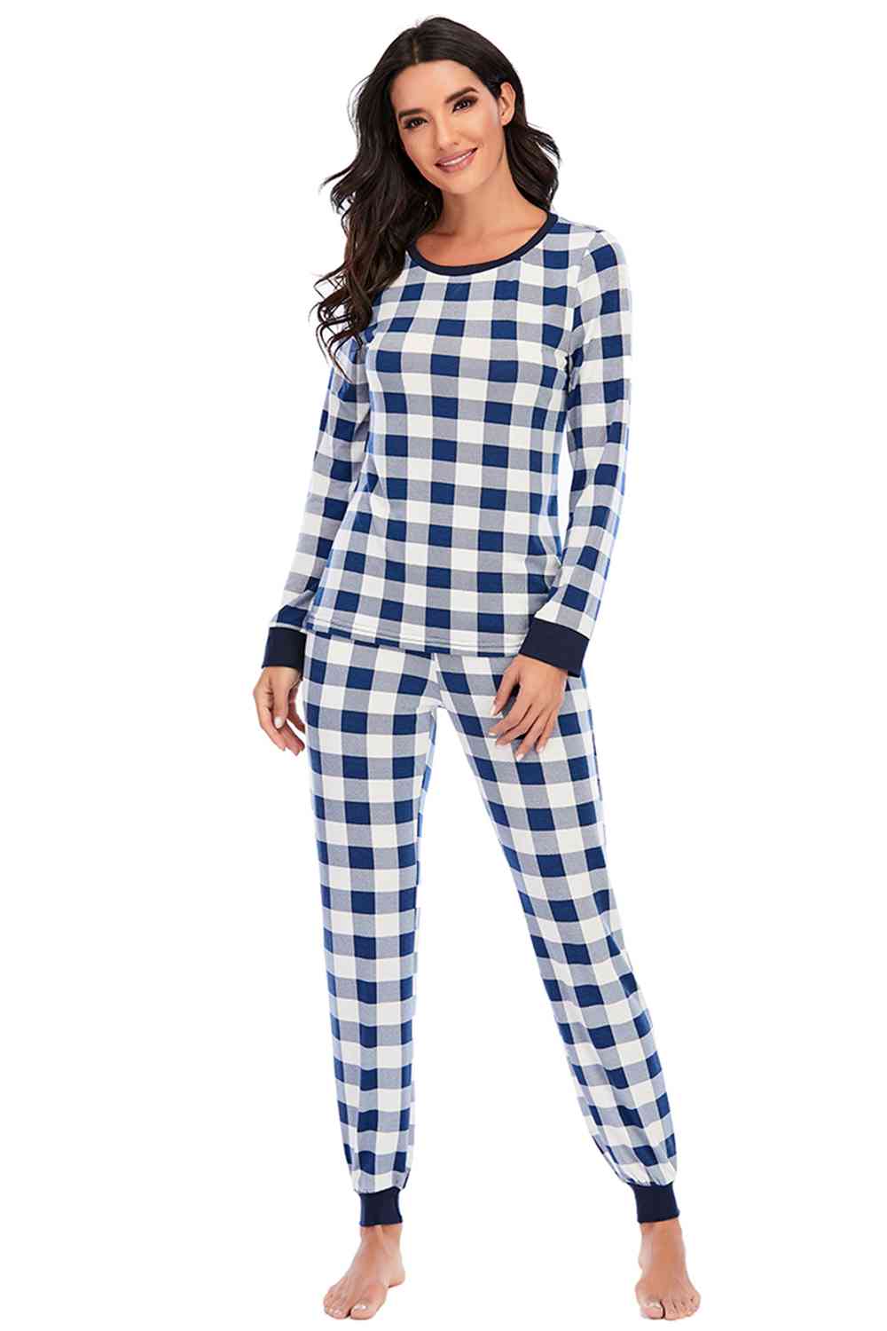 Plaid Round Neck Top and Pants Set BLUE ZONE PLANET