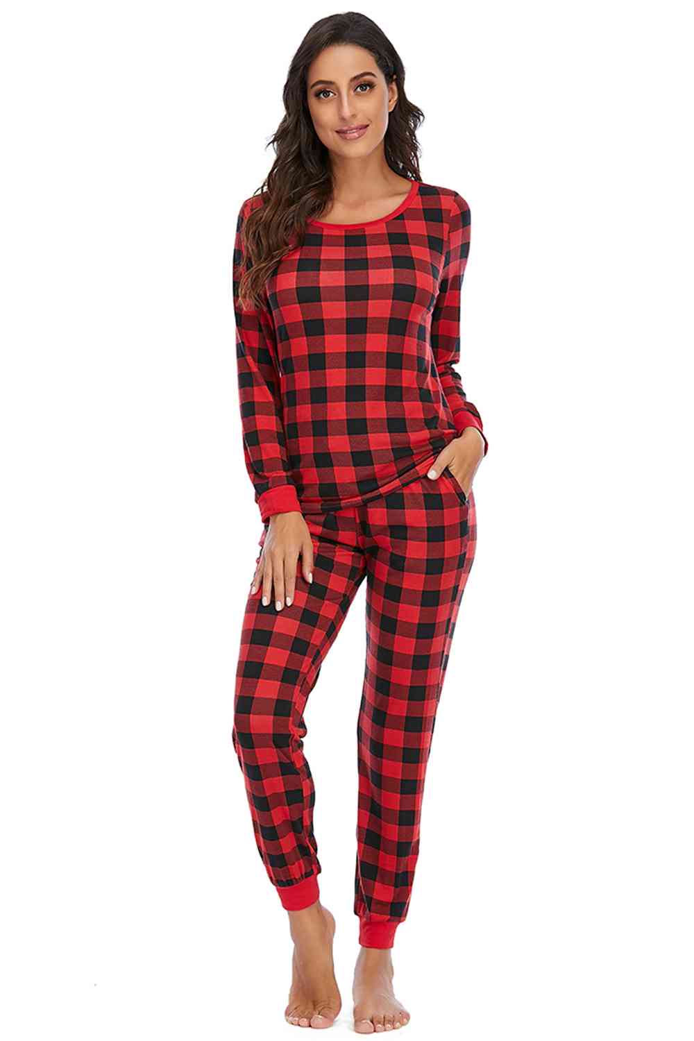 Plaid Round Neck Top and Pants Set BLUE ZONE PLANET