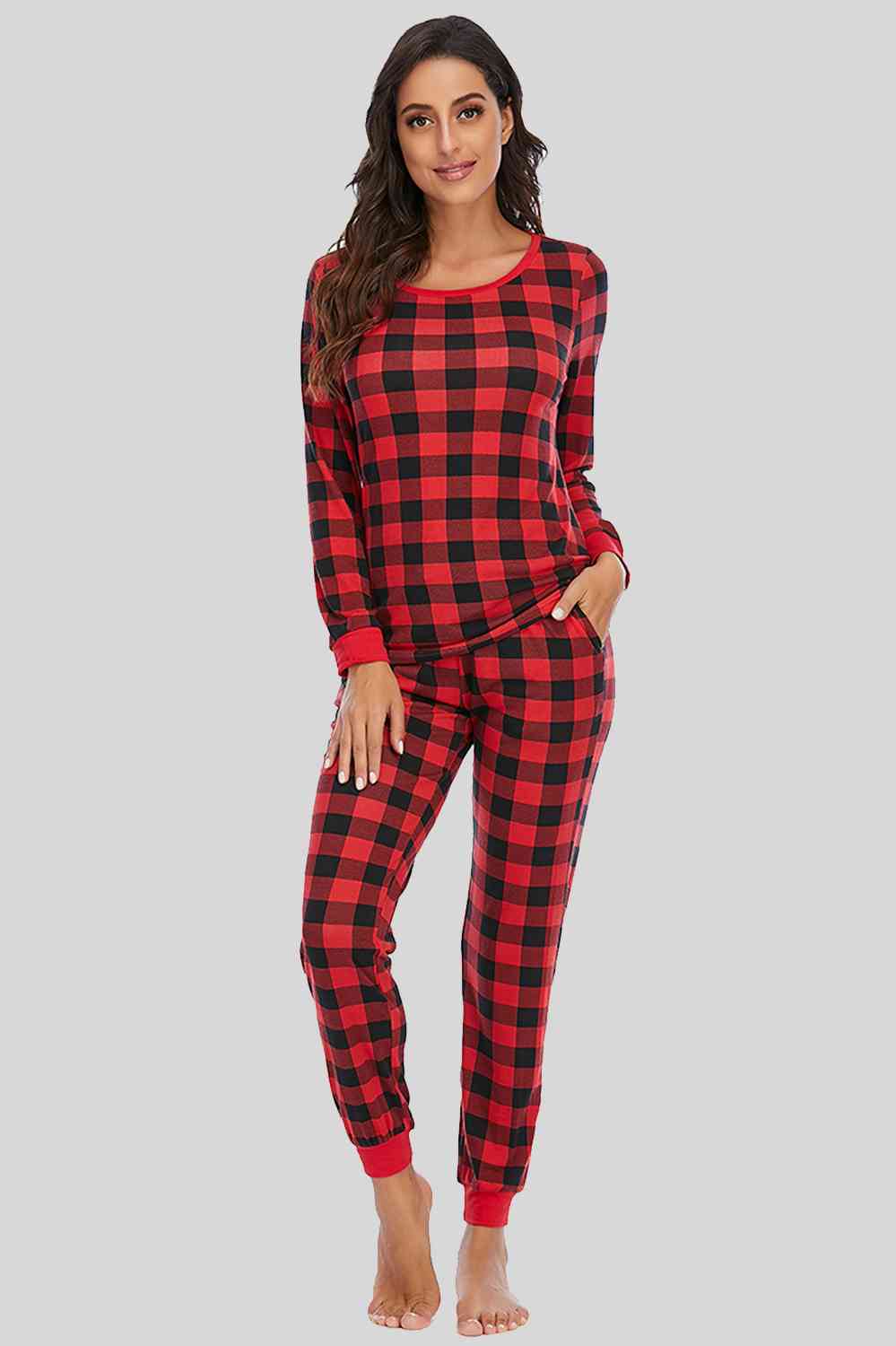 Plaid Round Neck Top and Pants Set BLUE ZONE PLANET