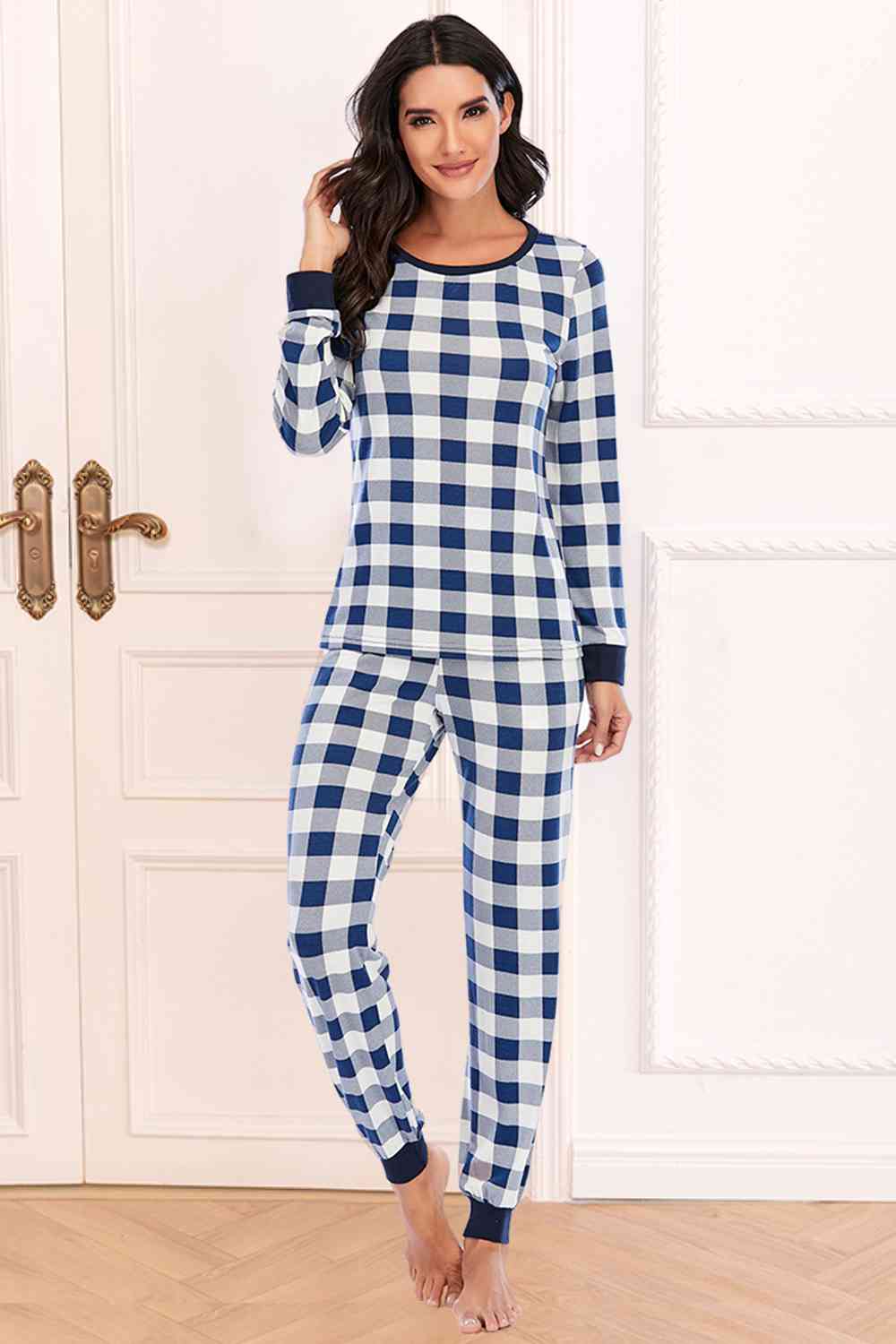 Plaid Round Neck Top and Pants Set BLUE ZONE PLANET