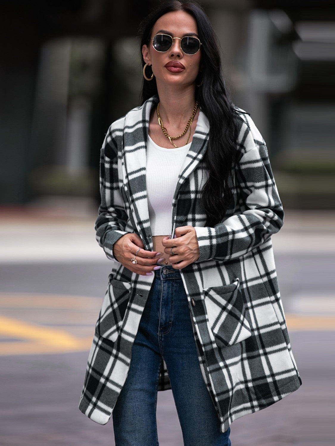 Plaid Shawl Collar Coat with Pockets BLUE ZONE PLANET